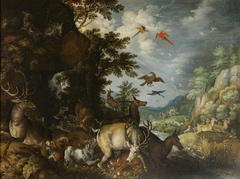 Rocky Landscape with Mastiffs attacking Stags, and Hinds fleeing Hunters by Roelant Savery