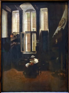 Scène d'intérieur. Une femme assise fait la lecture à un jeune garçon by Jacob Vrel