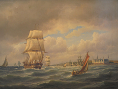 Seascape with numerous ships in the Sound off Kronborg, Denmark. by Carl Bille