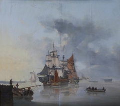 Ships in a Calm off a Quay by Dutch School