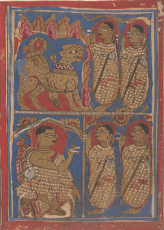 Sthulabhadra as a Lion in a Cave With His Sisters (top) / Sthulabhadra's Sisters Before Bhadrabahu (or Sthulabhadra) (bottom); Page from a Dispersed Kalpa Sutra (Jain Book of Rituals) by anonymous painter