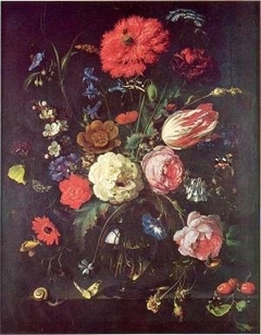 Still life of flowers in a glass vase upon a stone ledge by Jan Davidsz. de Heem