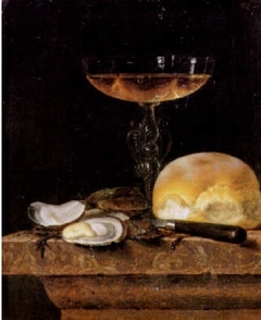 Still life with Venetian glass, oysters and bread by Simon Luttichuys