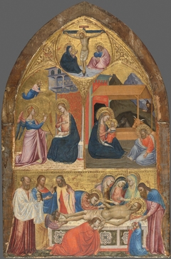 The Annunciation; The Nativity; The Lamentation over the Dead Christ; above: Christ on the Cross between the Virgin and Saint John the Evangelist by Don Silvestro dei Gherarducci