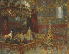 The Coronation Ceremony of Tsar Nicolai II in Moscow. Sketch by Laurits Tuxen