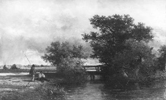 Twee henglaars aan een sloot in een Hollands landschap by Willem Roelofs