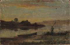 Untitled (landscape, boat moored near bank with man walking) by Edward Mitchell Bannister