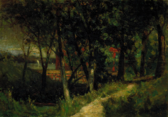 Untitled (landscape, forest scene with red fence and building) by Edward Mitchell Bannister