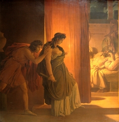 Clytemnestra hesitates before killing the sleeping Agamemnon. On the left, Aegisthus urges her on. by Pierre-Narcisse Guérin