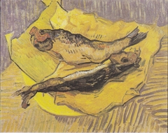 Still Life with smoked herrings on yellow paper by Vincent van Gogh