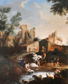 View of Buildings and Ruins with Washerwomen at a River and their Cart and a Shepherd with his Sheep by Anonymous