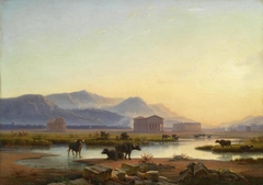 View of the temples of Paestum in the evening light / Water buffalo in the Campagna by Edmund Hottenroth