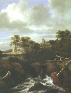 Waterfall with ruins and a village in the distance by Jacob van Ruisdael