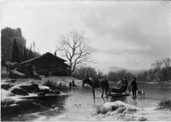 Winterlandschaft mit Pferdeschlitten und Jäger im bayerischen Gebirge by Johannes Bartholomäus Duntze