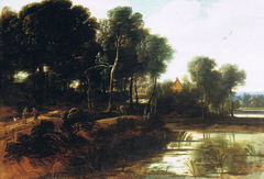 Wooded landscape with a lake by Ignatius van der Stock