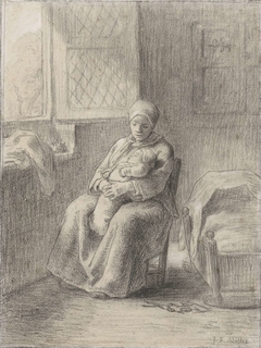 Zittende vrouw met baby bij een open raam by Jean-François Millet