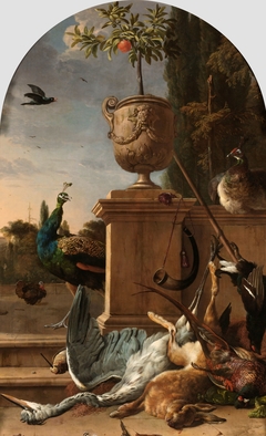 A Hunter’s Bag on a Terrace by Melchior d'Hondecoeter