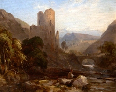 A Man fishing in a Stream by a  Ruined Castle by John Sell Cotman