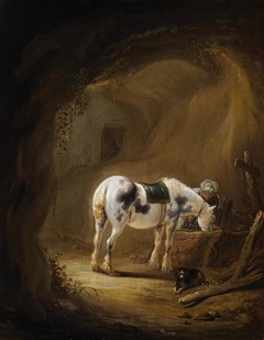 A Rider in Oriental Dress halting in a Grotto with his Horse and his Dog by Pieter Cornelisz Verbeeck