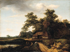 A wooded landscape with a traveller resting on a path by Jacob van Ruisdael