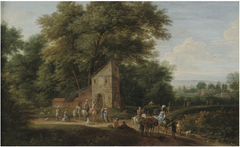 A wooded landscape with elegant company on horseback by Jan Baptist van der Meiren