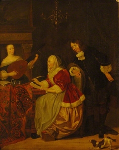 A Young Woman composing Music, observed by a Man, another Woman playing the Lute (after Metsu) by after Gabriel Metsu