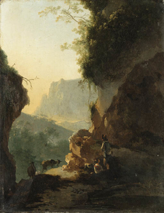 An Italianate landscape with peasants resting on a mountain path by Adam Pynacker