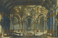 Architectural capriccio: an elaborately decorated palace interior with figures banqueting by Francesco Galli Bibiena