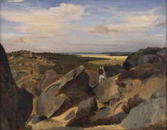 Artiste passant dans un chaos de rochers à Fontainebleau by Jean-Baptiste-Camille Corot