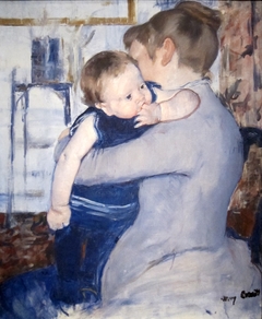 Baby in Dark Blue Suit, Looking Over His Mother's Shoulder by Mary Cassatt