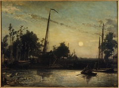 Bateau en construction en bord de canal, Paysage hollandais by Johan Jongkind