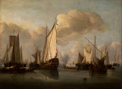 Calm: a States yacht and many other vessels in a light air by Willem van de Velde the Younger