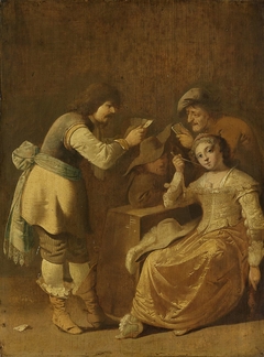 Card players with woman smoking a pipe by Pieter Jansz. Quast