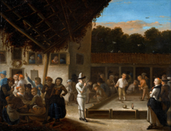 Croquet players in the courtyard of an inn by Gerrit Lundens