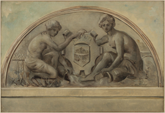 Esquisse pour le fronton du groupe scolaire d'Alfortville : La Seine et la Marne encadrant le blason d'Alfortville by Emile Delbos