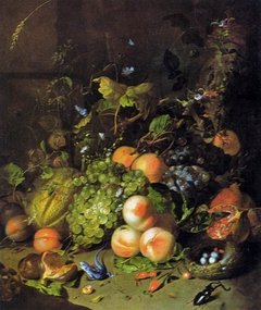 Fruit, a nest, a lizard and insects in a wood by Rachel Ruysch