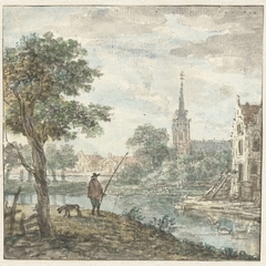 Gezicht op een stad met op de voorgrond een hengelaar by Unknown Artist