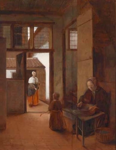 Interior with a woman and a child; outside a maid is sweeping the yard by Pieter de Hooch