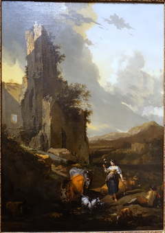 Italianate Landscape with Animals, a Shepherd, and a Peasant Woman Holding a Distaff by Nicolaes Pieterszoon Berchem