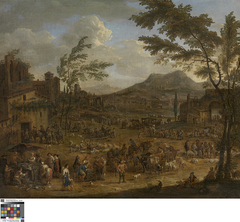 Italianiserend landschap met markttafereel by Peeter van Bredael