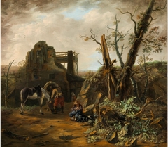 Landscape with horses resting near a hut by Nicolaes Ficke