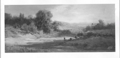 Landschaft mit Bachufer und Häuschen, im Vordergrund Kühe by Carl Spitzweg