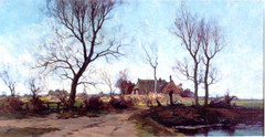 Landschap met boerderij, bomen en waterplas by Paul Bodifée