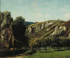 Mountainous landscape with fruit trees in Ornans by Gustave Courbet