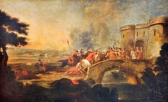 One of Four Battle Scenes: An Engagement on a Bridge outside a Fort by Anonymous