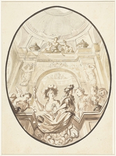 Ontwerp voor een plafondschildering met allegorische figuren op een balustrade by Unknown Artist