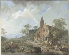 Oogst bij een dorp in een heuvelig landschap by Hendrik Meijer