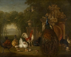 Peacock and Domestic Poultry near a Statue in a Garden by Pieter Casteels III