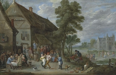 Peasants dancing outside an inn at Perck, with the Kasteel de Drij Toren beyond by David Teniers the Younger