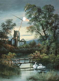 River Landscape and a Ruined Abbey by Alfred Worthington